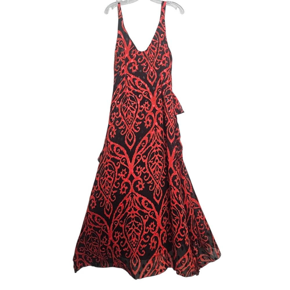 Nasty Gal Nwt Grand Entrance Red/Black Jacquard Ruffled Flowy V Neck Maxi Dress - Picture 17 of 17
